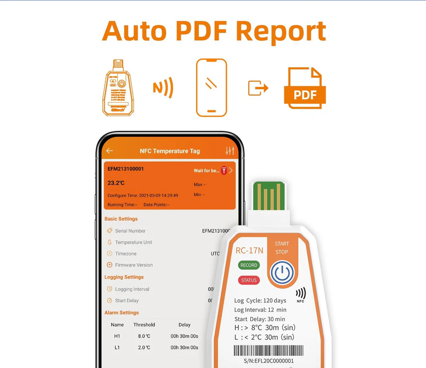 Elitech RC-17N Auto PDF Report Elitech RC-17N automatic PDF temperature monitoring report via USB and NFC